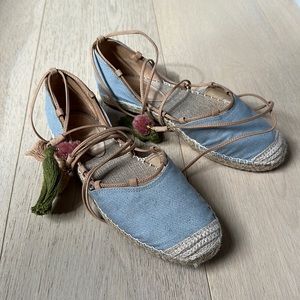 Schultz dusty blue flats with leather ankle wraps
